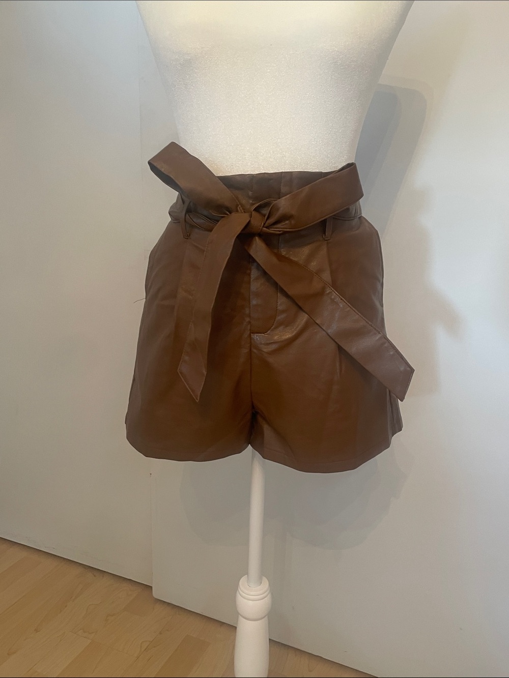 High-Waist Brown Faux Leather Paperbag Shorts with Self Tie